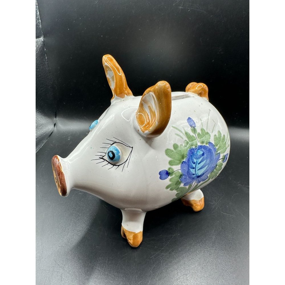 Vintage Italian Ceramic Hand Painted Piggy Bank Flower Design Original Stopper